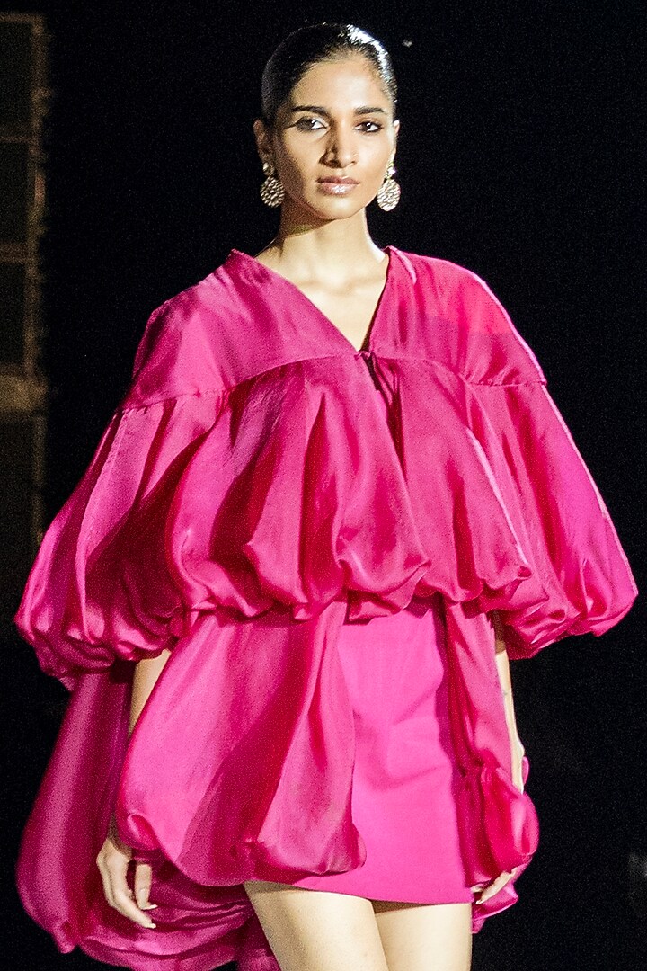 Fuchsia Organza Mini Layered Party Wear Dress by Mishru at Pernia's Pop Up Shop