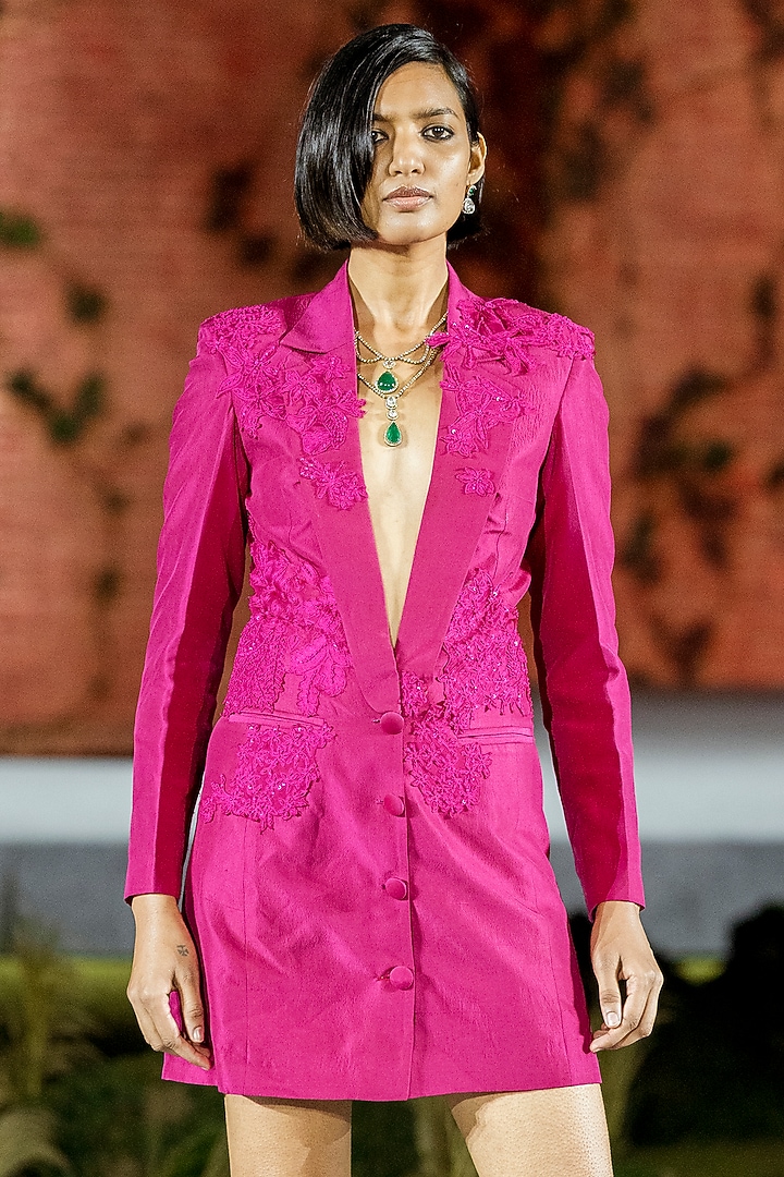 Fuchsia Organza Mini Blazer Party Wear Dress by Mishru at Pernia's Pop Up Shop