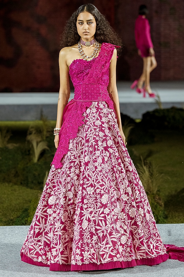 Fuchsia Organza Floral Bridal Lehenga Set by Mishru at Pernia's Pop Up Shop