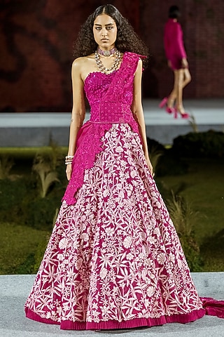 Fuchsia Organza Floral Lehenga Set by Mishru