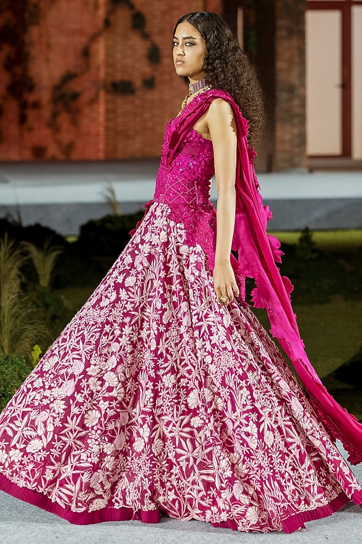 Fuchsia Organza Floral Bridal Lehenga Set by Mishru at Pernia's Pop Up Shop