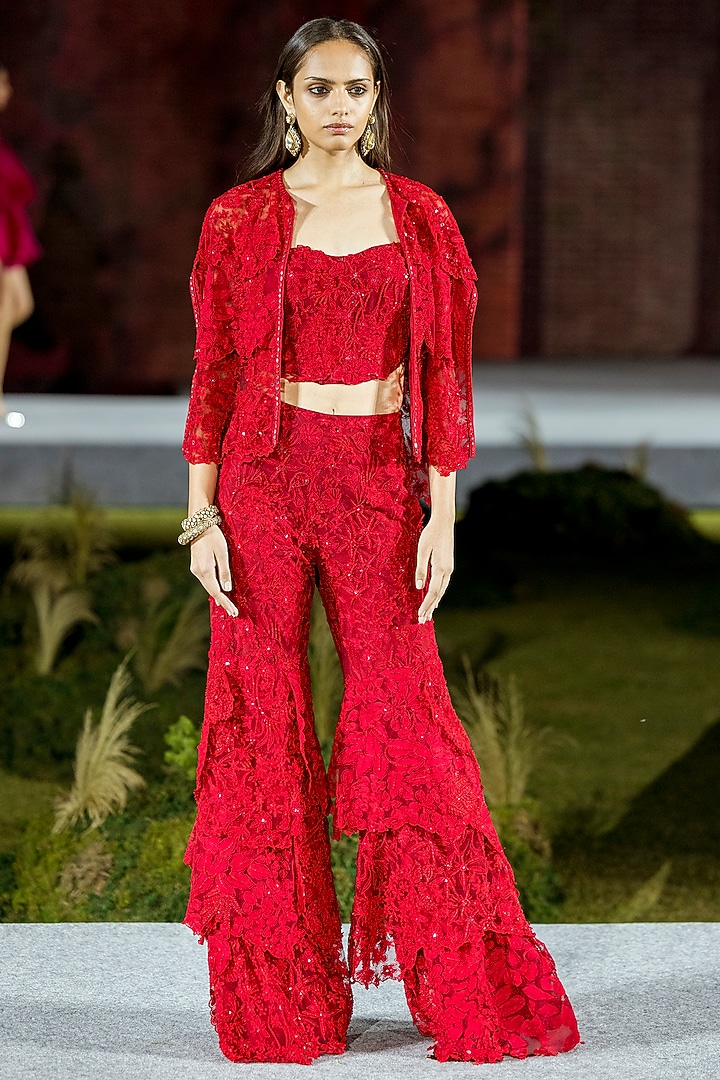 Red Organza Layered Bridal Sharara Set by Mishru at Pernia's Pop Up Shop