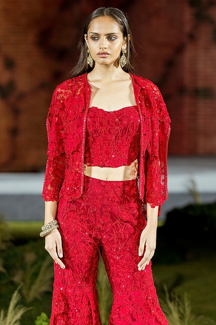 Red Organza Layered Bridal Sharara Set by Mishru at Pernia's Pop Up Shop