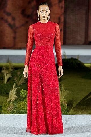 Red Tulle Gown by Mishru