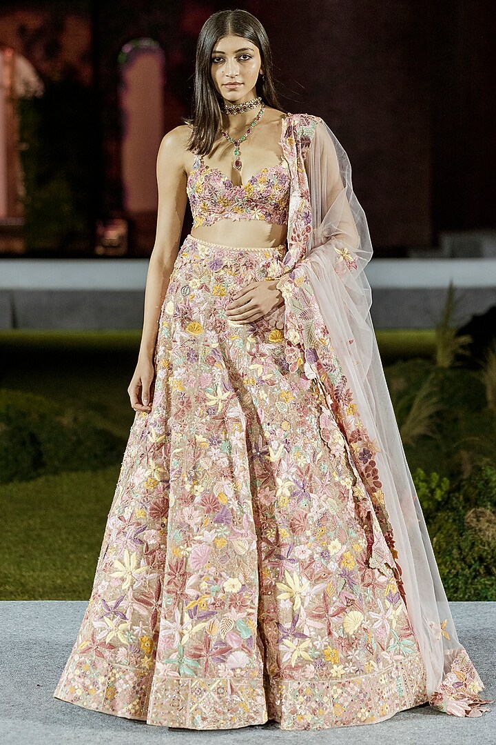Brown Sequins & Organza Floral Bridal Lehenga Set by Mishru at Pernia's Pop Up Shop