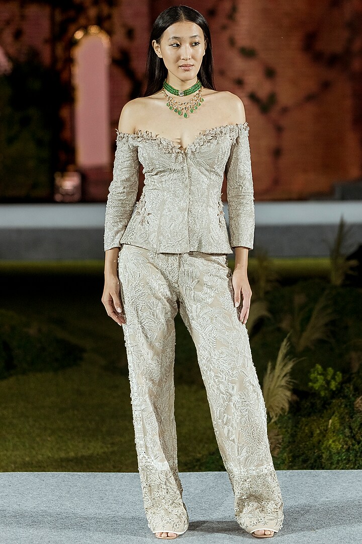 Champagne Organza Embroidered Pant Set by Mishru at Pernia's Pop Up Shop