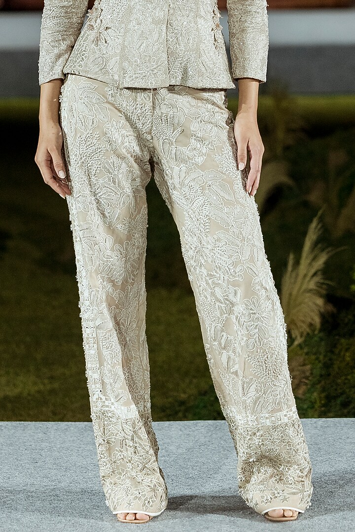 Champagne Organza Embroidered Pant Set by Mishru at Pernia's Pop Up Shop