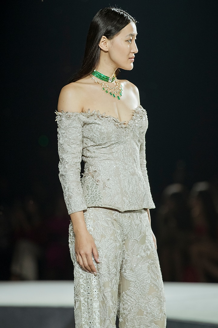 Champagne Organza Embroidered Pant Set by Mishru at Pernia's Pop Up Shop