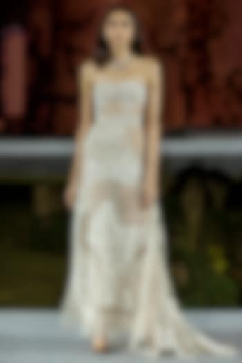 Champagne Tulle Embroidered Bridal Gown by Mishru at Pernia's Pop Up Shop