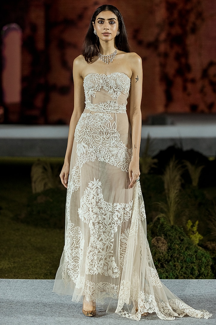 Champagne Tulle Embroidered Bridal Gown by Mishru at Pernia's Pop Up Shop