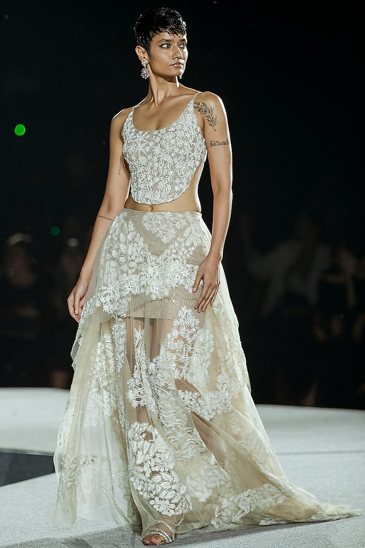 Champagne Tulle & Sequins Skirt Set by Mishru at Pernia's Pop Up Shop