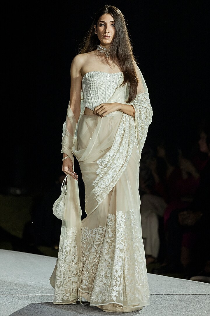 Champagne Tulle Bridal Saree Set by Mishru at Pernia's Pop Up Shop