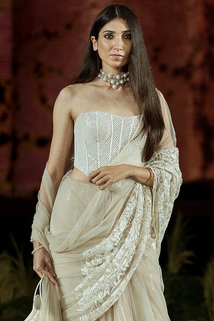 Champagne Tulle Bridal Saree Set by Mishru at Pernia's Pop Up Shop