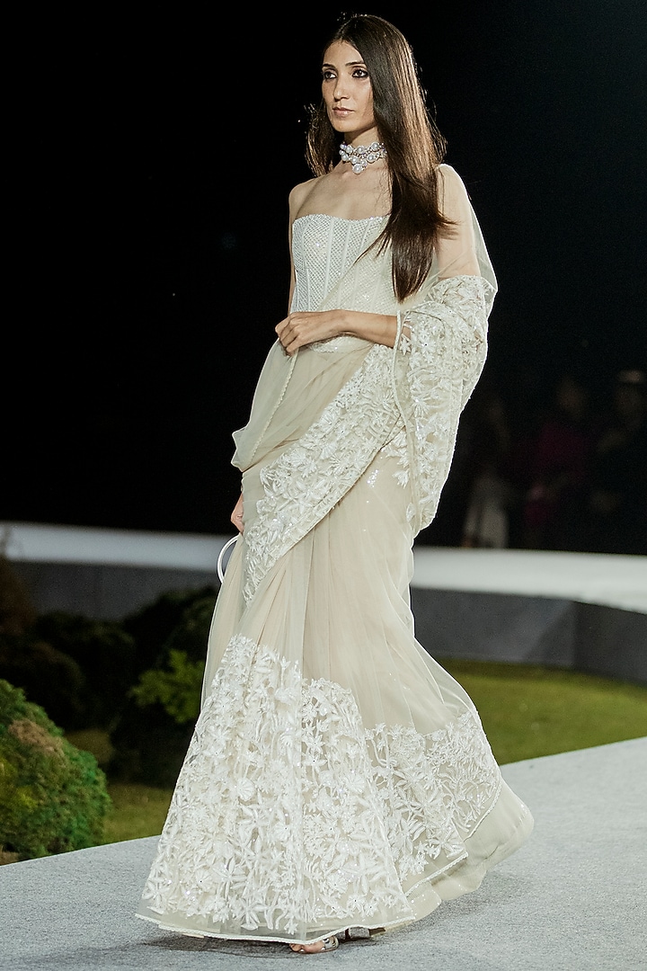 Champagne Tulle Bridal Saree Set by Mishru at Pernia's Pop Up Shop