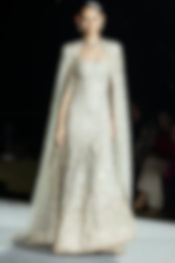 Champagne Tulle Bridal Gown With Cape by Mishru at Pernia's Pop Up Shop