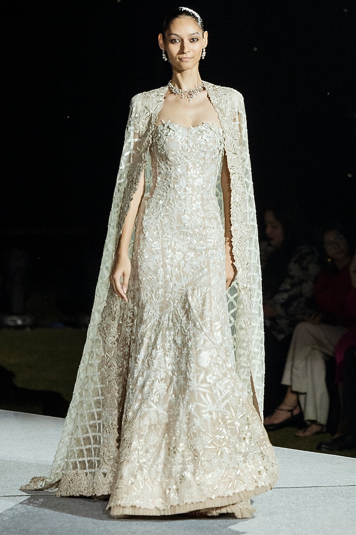 Champagne Tulle Bridal Gown With Cape by Mishru at Pernia's Pop Up Shop
