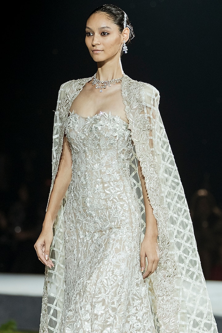 Champagne Tulle Bridal Gown With Cape by Mishru at Pernia's Pop Up Shop