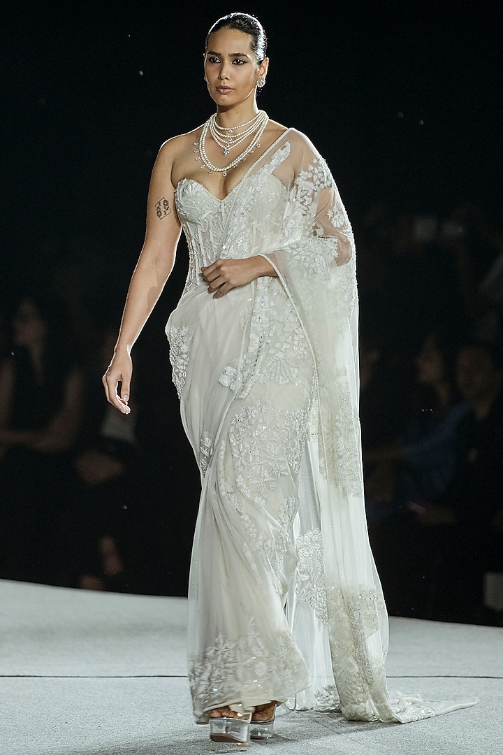 Ivory Tulle Bridal Saree Set by Mishru at Pernia's Pop Up Shop