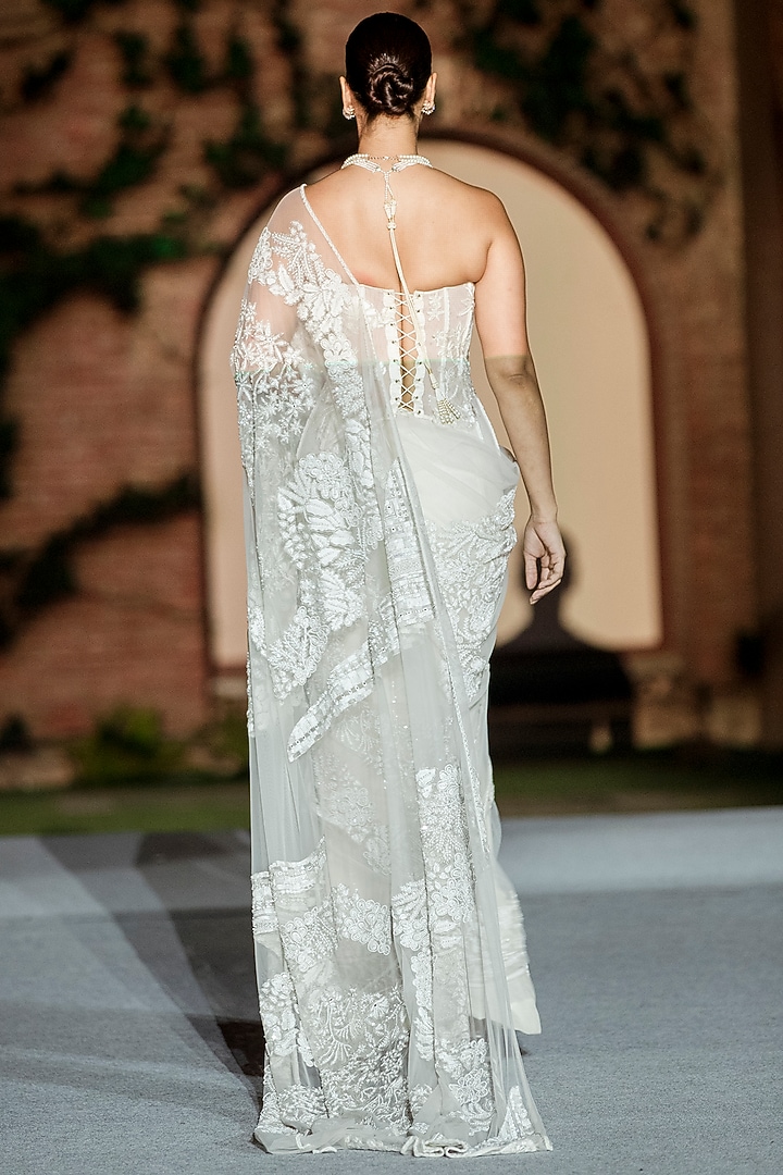 Ivory Tulle Bridal Saree Set by Mishru at Pernia's Pop Up Shop