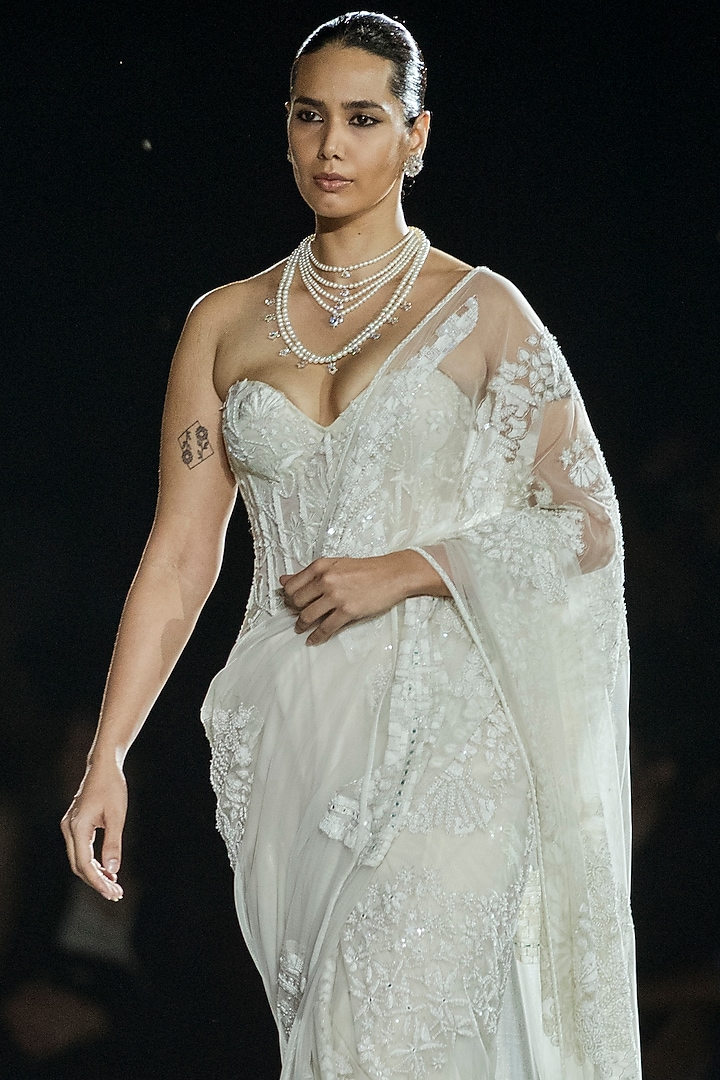 Ivory Tulle Bridal Saree Set by Mishru at Pernia's Pop Up Shop