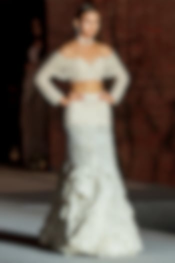 Ivory Tulle Fish-Cut Bridal Lehenga Set by Mishru at Pernia's Pop Up Shop