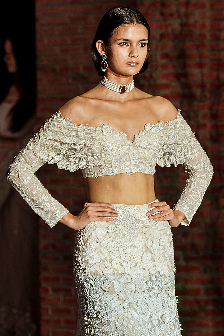 Ivory Tulle Fish-Cut Bridal Lehenga Set by Mishru at Pernia's Pop Up Shop