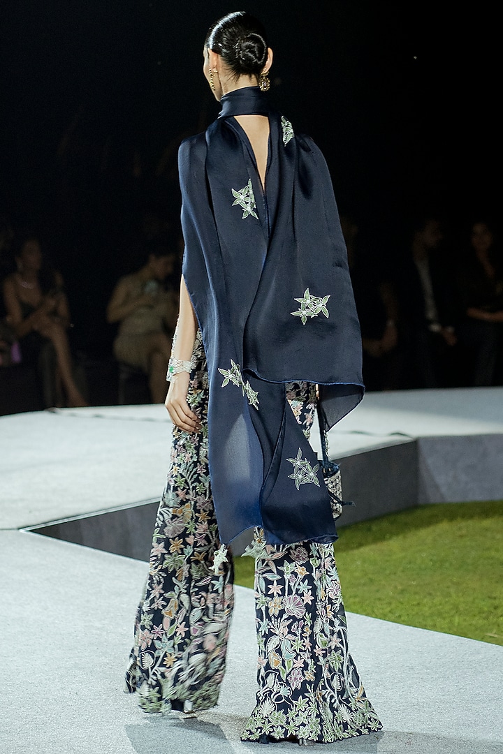 Navy Blue Organza Floral Co-Ord Set by Mishru at Pernia's Pop Up Shop