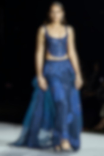 Navy Blue Tulle & Sequins Floral Skirt Set by Mishru at Pernia's Pop Up Shop