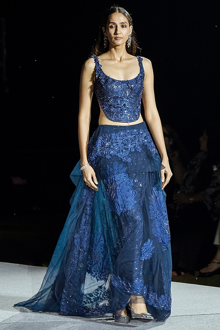 Navy Blue Tulle & Sequins Floral Skirt Set by Mishru at Pernia's Pop Up Shop