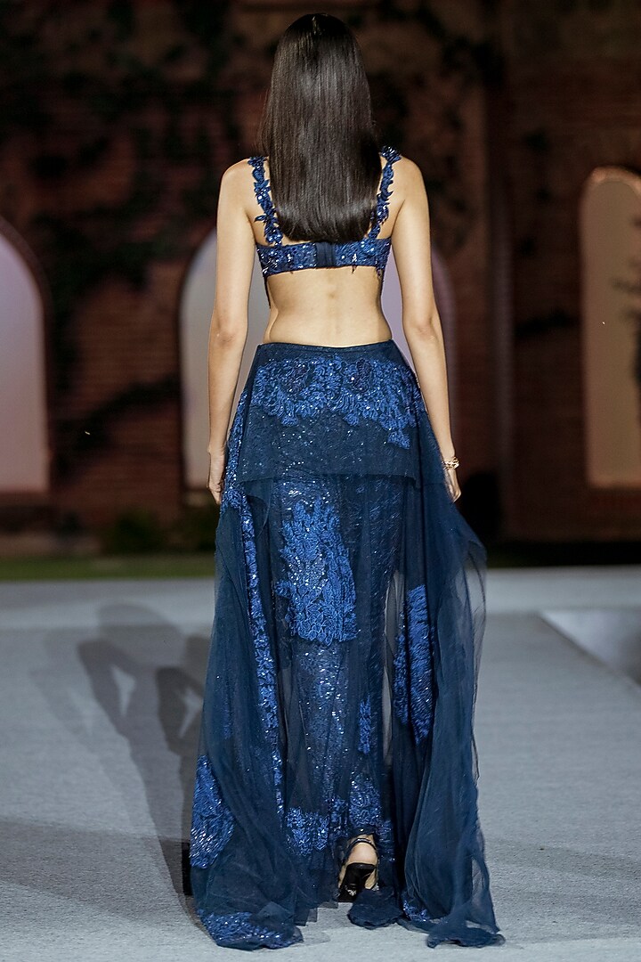 Navy Blue Tulle & Sequins Floral Skirt Set by Mishru at Pernia's Pop Up Shop