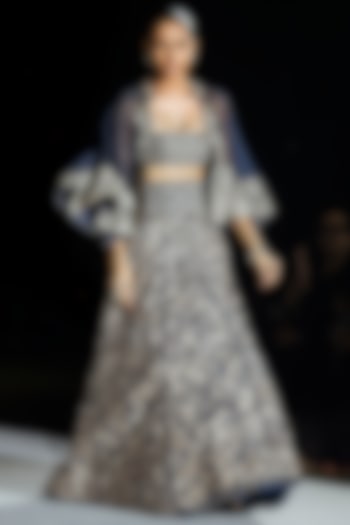 Navy Blue Organza Floral Jacket Bridal Lehenga Set by Mishru at Pernia's Pop Up Shop