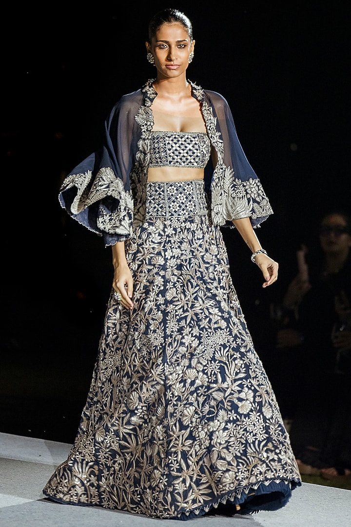 Navy Blue Organza Floral Jacket Bridal Lehenga Set by Mishru at Pernia's Pop Up Shop