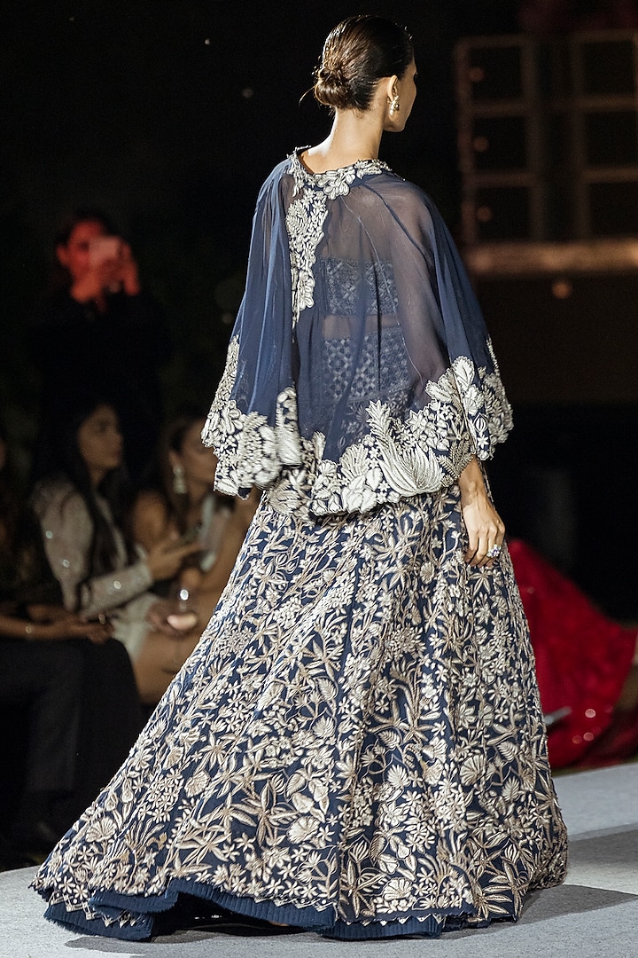 Navy Blue Organza Floral Jacket Bridal Lehenga Set by Mishru at Pernia's Pop Up Shop