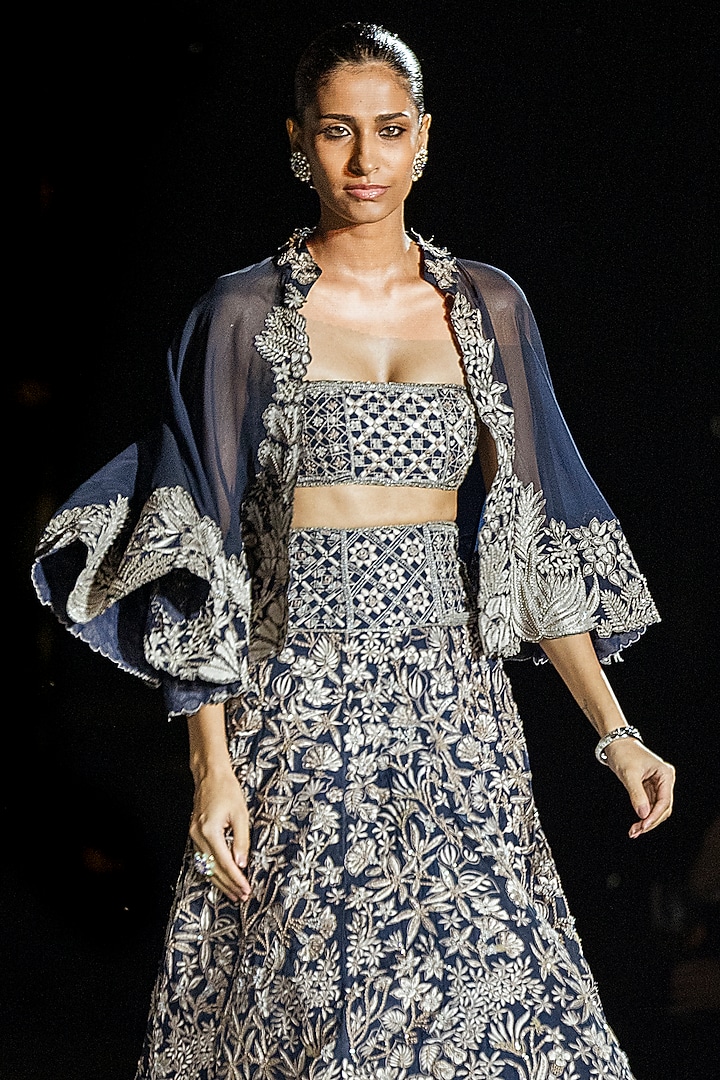 Navy Blue Organza Floral Jacket Bridal Lehenga Set by Mishru at Pernia's Pop Up Shop