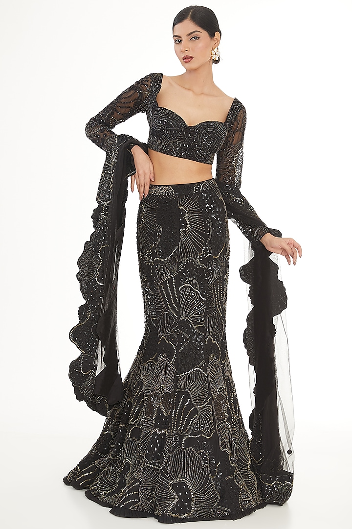 Black Organza Embroidered Bridal Lehenga Set by Mishru at Pernia's Pop Up Shop