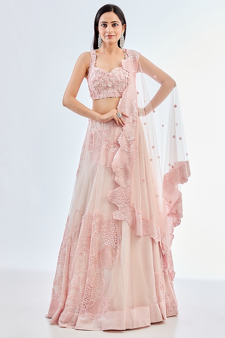 Pink Tulle Hand Embroidered Lehenga Set by Mishru