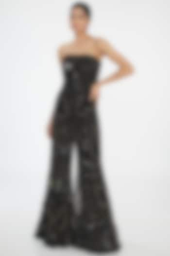 Black Tulle Hand Embroidered Strapless Jumpsuit With Belt by Mishru at Pernia's Pop Up Shop