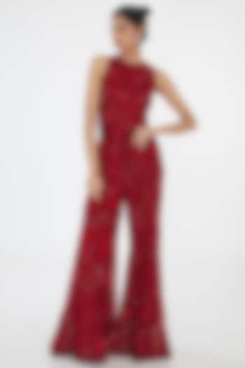 Red Tulle Hand Embroidered Strapless Jumpsuit With Belt by Mishru