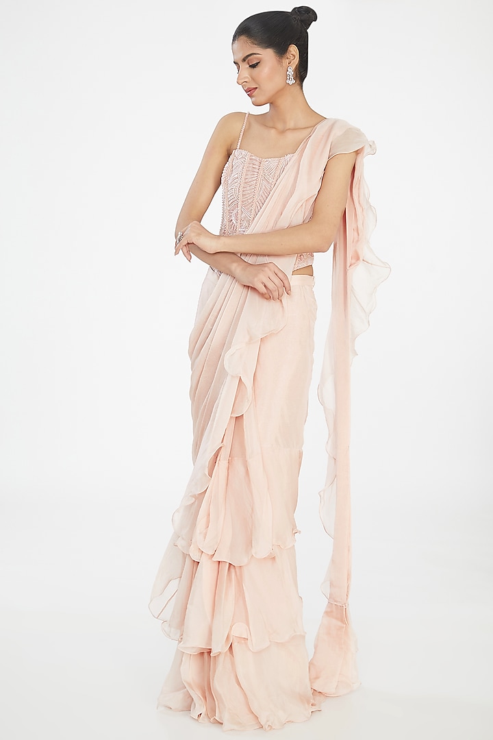 Pink Organza & Crepe Ruffled Reception Saree Set by Mishru at Pernia's Pop Up Shop