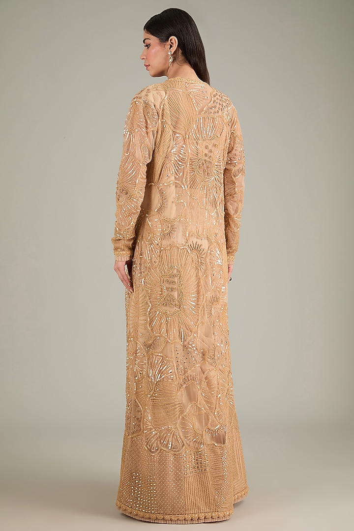 Gold Crepe & Tulle Embroidered Jacket Pre-Draped Bridal Saree Set by Mishru at Pernia's Pop Up Shop
