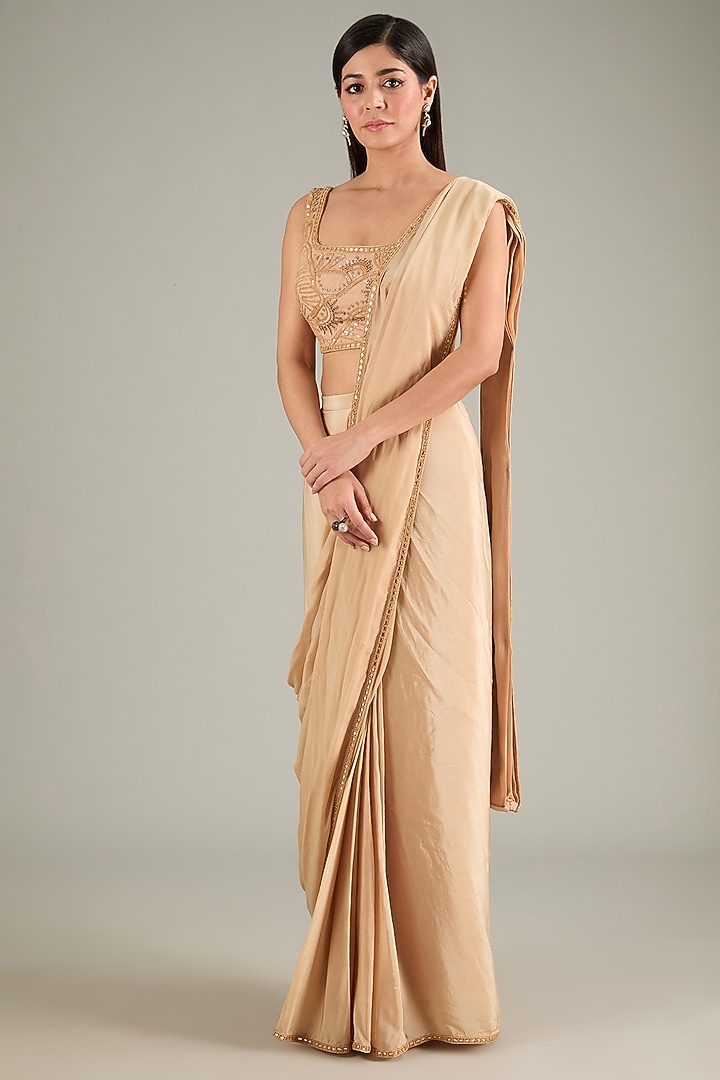 Gold Crepe & Tulle Embroidered Jacket Pre-Draped Bridal Saree Set by Mishru at Pernia's Pop Up Shop