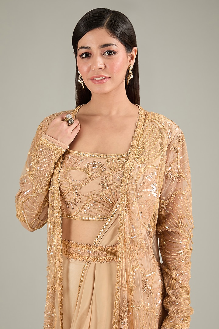 Gold Crepe & Tulle Embroidered Jacket Pre-Draped Bridal Saree Set by Mishru at Pernia's Pop Up Shop