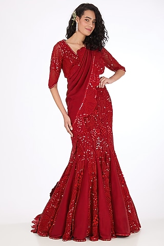 Red Tulle & Silk Hand Embroidered Lehenga set by Mishru