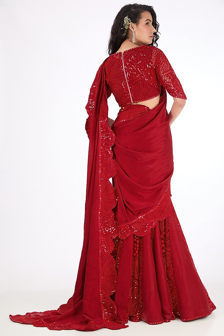 Red Tulle & Silk Hand Embroidered Bridal Lehenga set by Mishru at Pernia's Pop Up Shop