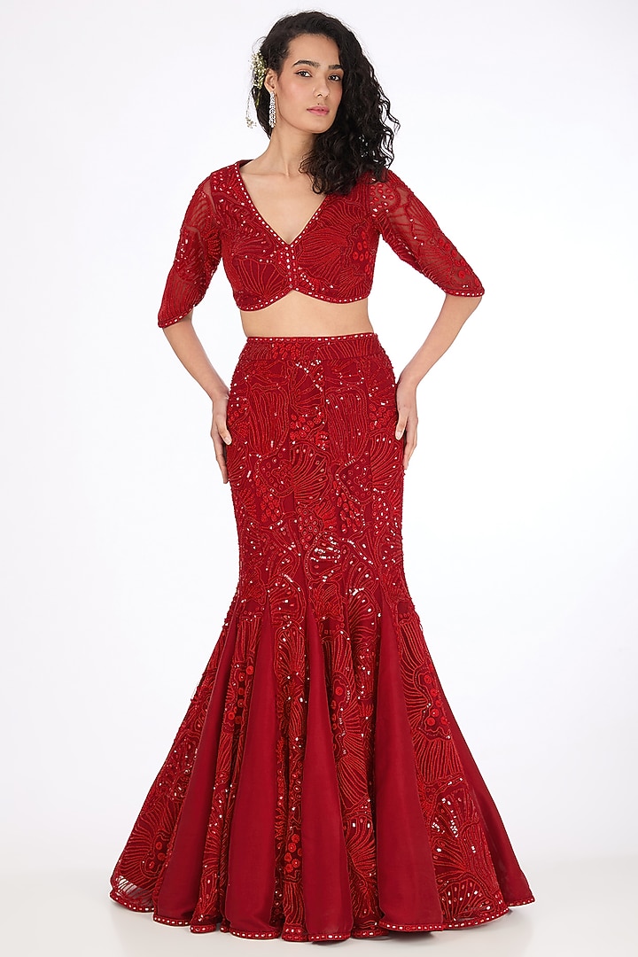 Red Tulle & Silk Hand Embroidered Bridal Lehenga set by Mishru at Pernia's Pop Up Shop