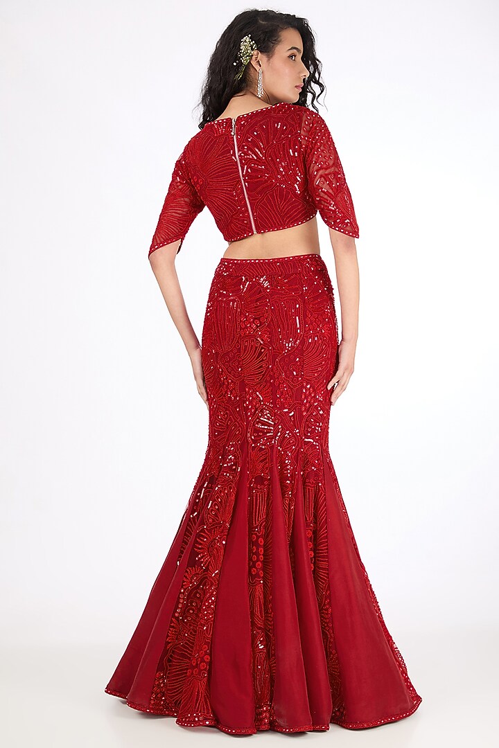 Red Tulle & Silk Hand Embroidered Bridal Lehenga set by Mishru at Pernia's Pop Up Shop