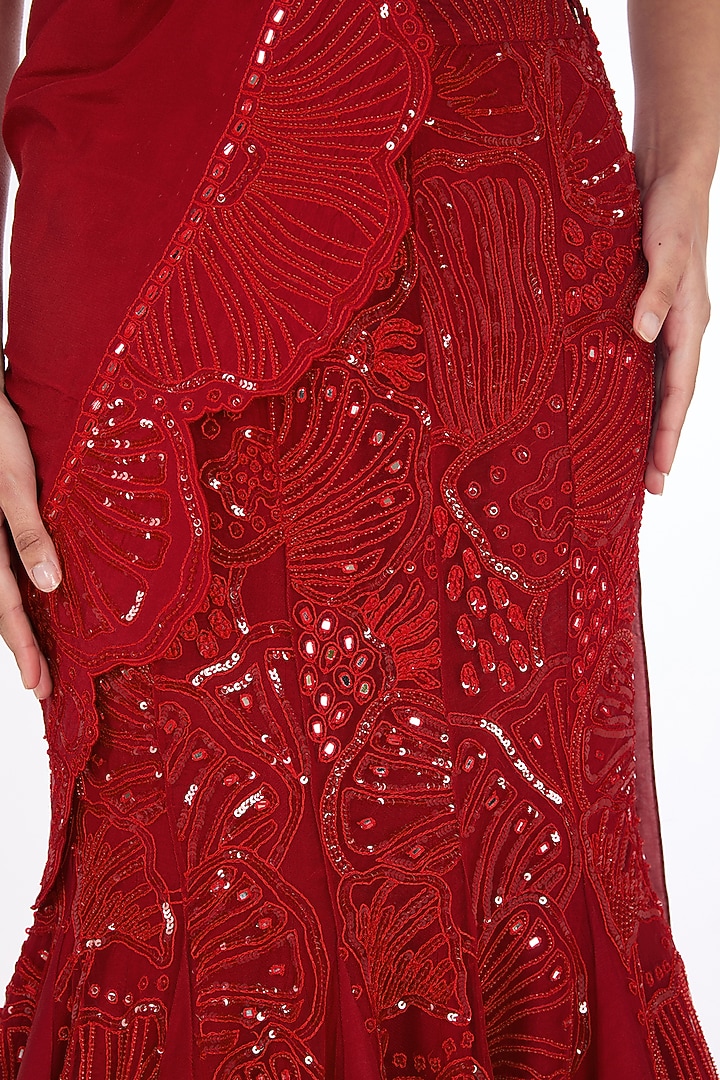 Red Tulle & Silk Hand Embroidered Bridal Lehenga set by Mishru at Pernia's Pop Up Shop