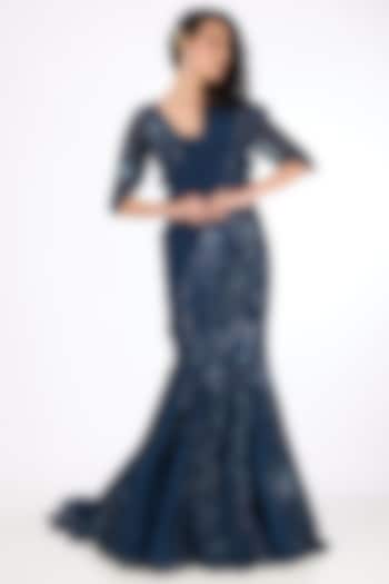 Blue Tulle & Silk Hand Embroidered Bridal Lehenga set by Mishru at Pernia's Pop Up Shop