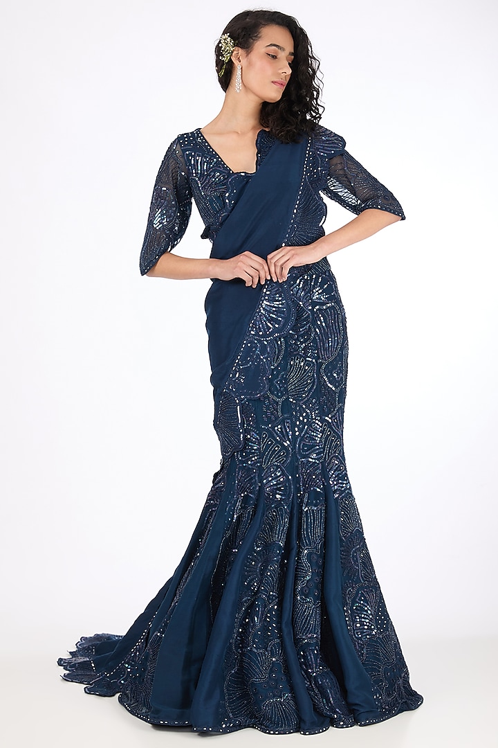 Blue Tulle & Silk Hand Embroidered Bridal Lehenga set by Mishru at Pernia's Pop Up Shop