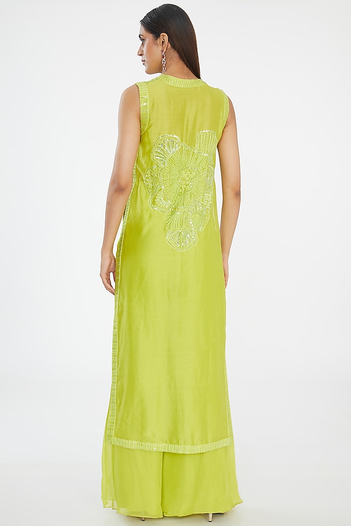 Green Organza Hand Embroidered Jacket Set by Mishru at Pernia's Pop Up Shop